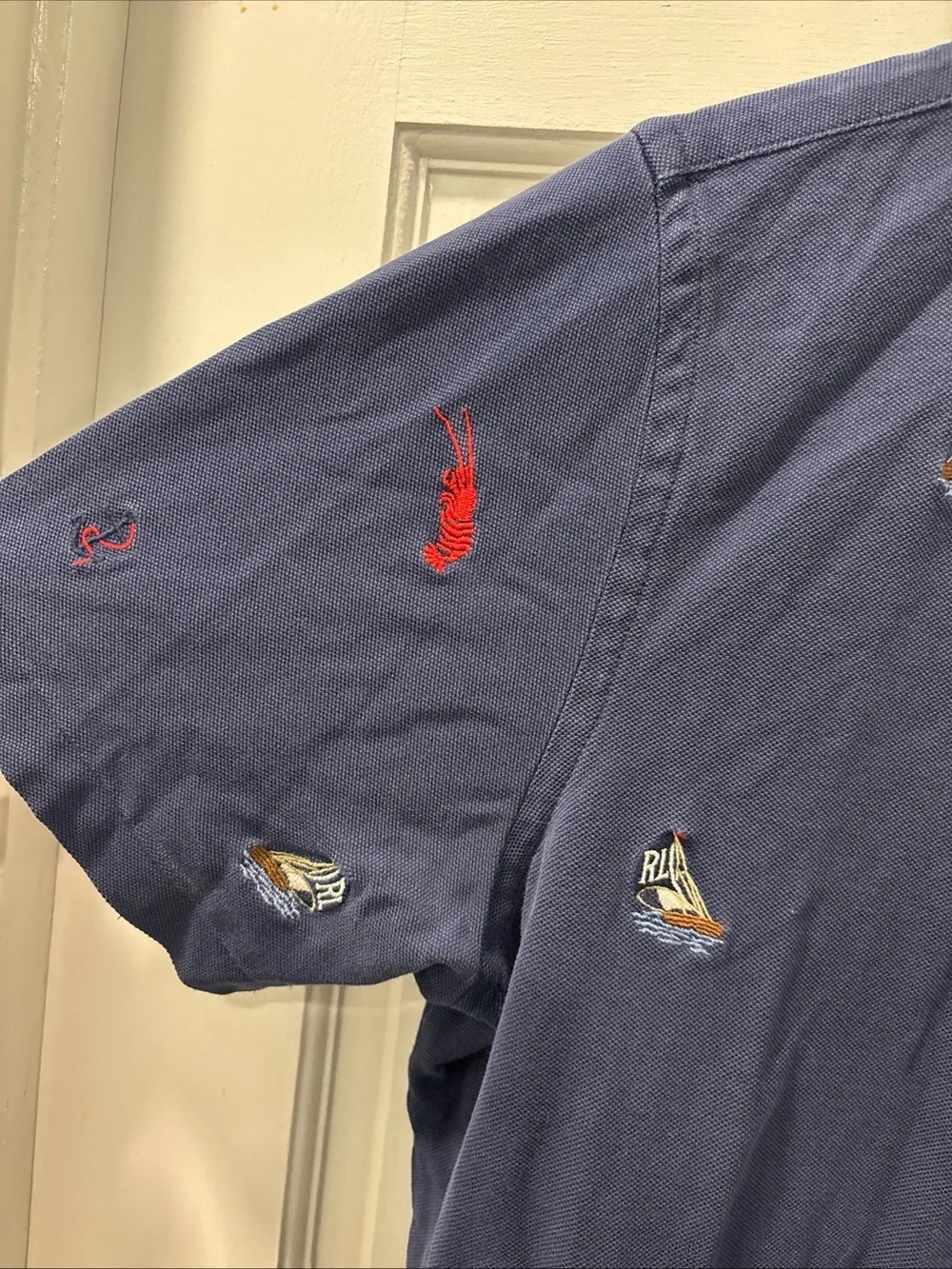 Ralph Lauren Men’s Navy Knit Oxford Polo Size M Nautical Lobsters Preppy EUC